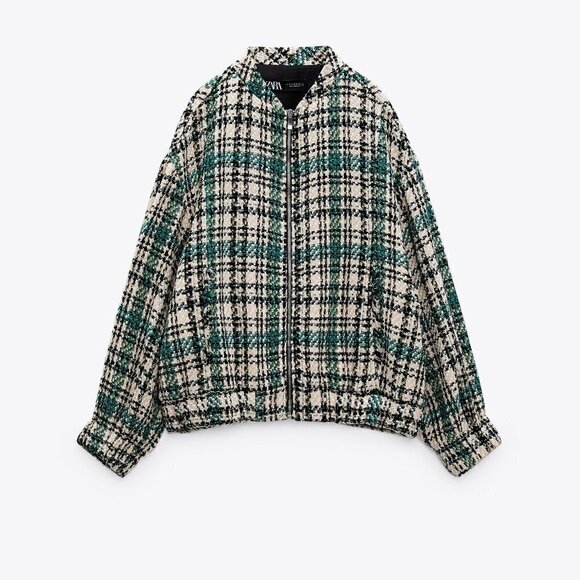 New Zara Plaid Textured Tweed Oversized Bomber Green Chanel Style Jacket NWT XS - Picture 8 of 17